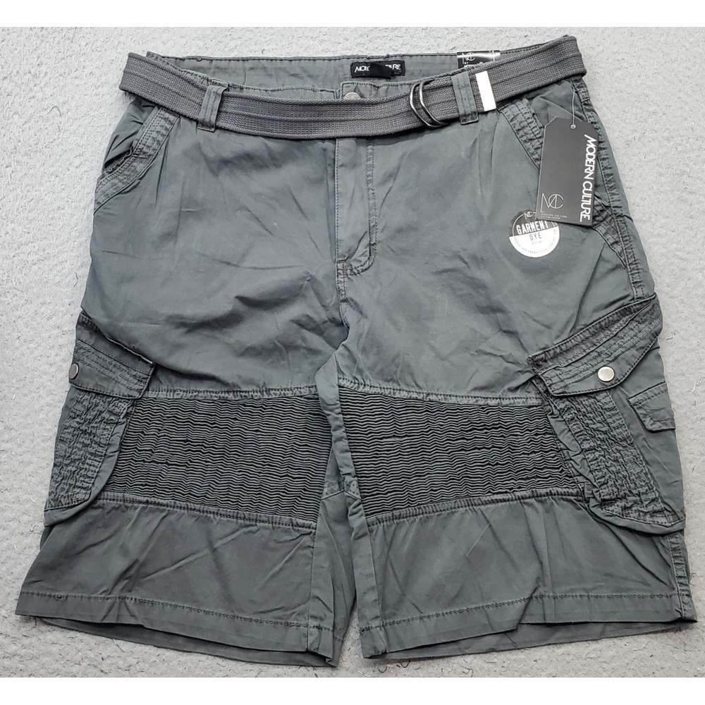 Modern Culture Cargo Shorts Mens 36 Gray Smocked Panels Belted Hiking Outdoor